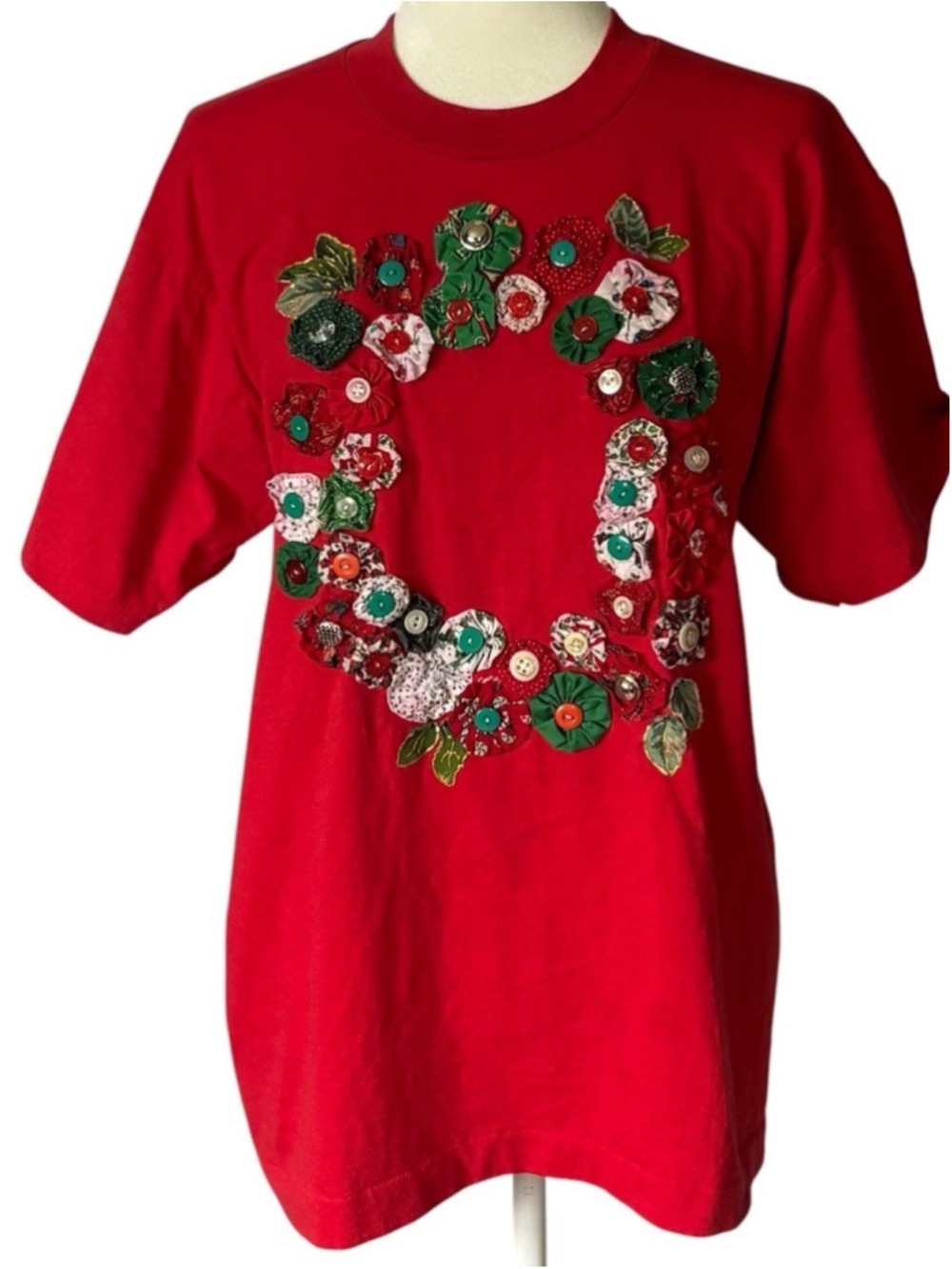 VTG 90s Fruit of the Loom BEST Christmas Wreath Yo-Yo Quilt T Shirt L USA Made
